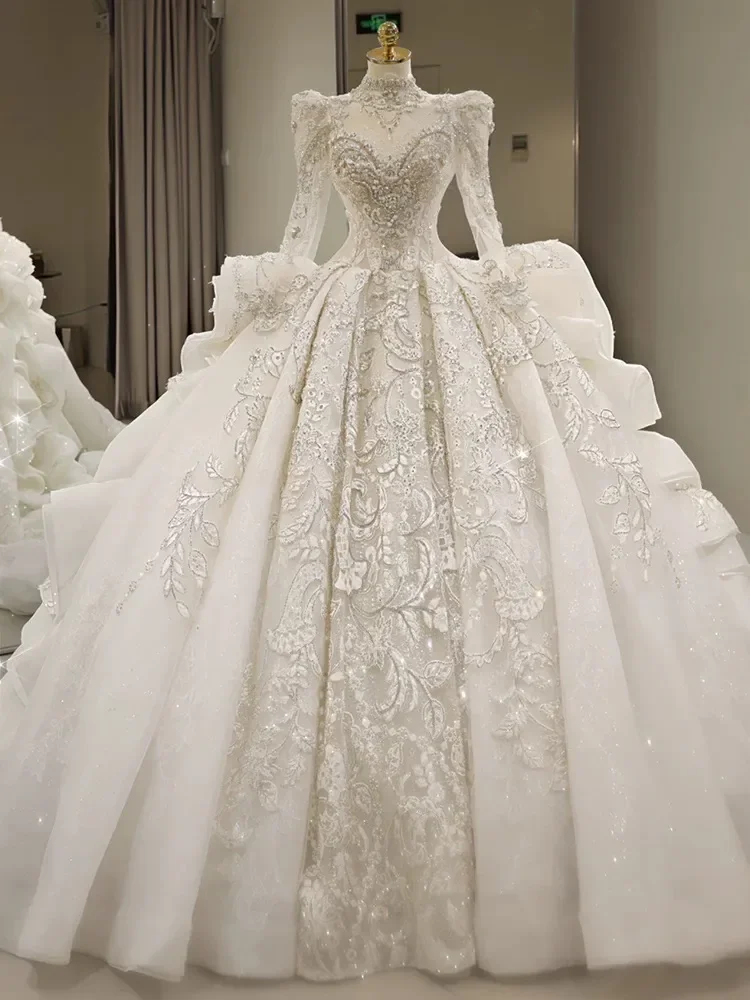 Luxurious A-Line Crystal Bead Decoration Women's Wedding Dress Sexy Tight Corset Church Bride Dress Robe De Mariage Customized