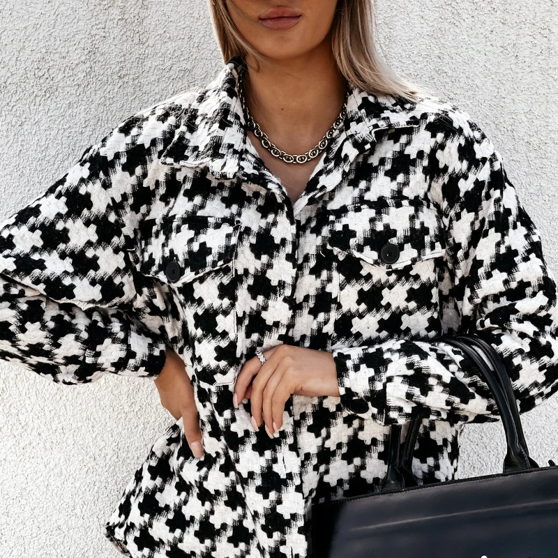 

Feminine Temperament Trend Women's Straight Casual Coat 2024 Autumn and Winter Long-sleeved Houndstooth Printed Woolen Coat