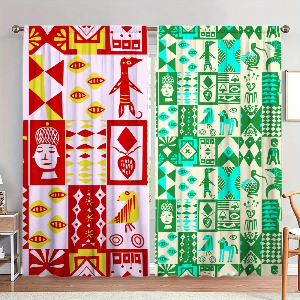 Boho Tribal Print Curtains, Red Green Geometric Totem Pattern Drapes, Ethnic Style Window Treatment for Living Room, Blackout
