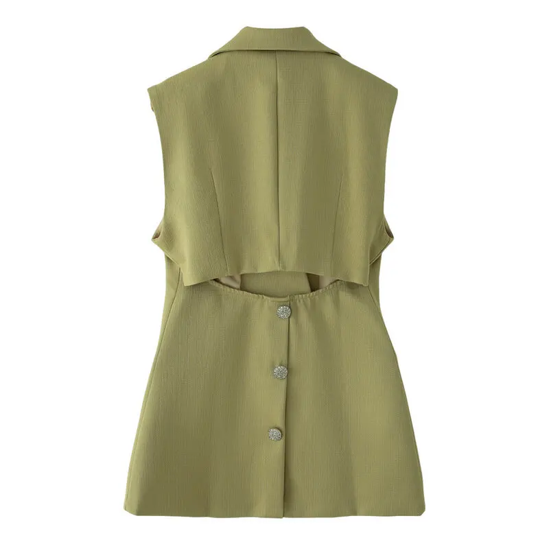Summer 2025 Women's Slim Fit Sleeveless Design Backless Irregular Suit Vest Jacket Fashion Commute Style One Button Pure Color