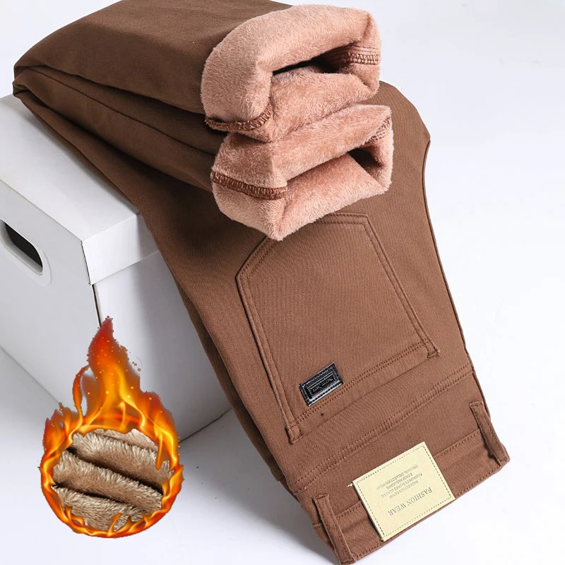 

Мужские элитные зимние теплые плюшевые флисовые джинсы, мужские повседневные эластичные мешковатые прямые джинсовые брюки, удобные повседневные брюки для поездок на работу