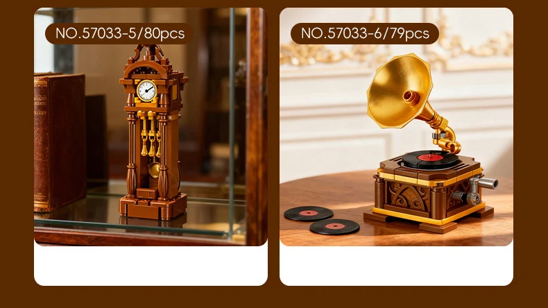 Retro-Deko-Bausteine: Fernseher, Schreibmaschine, Sofa, Globus, Grammophon, Pendeluhr – Modellbausteine für Kinder als Geschenke – Detail 5