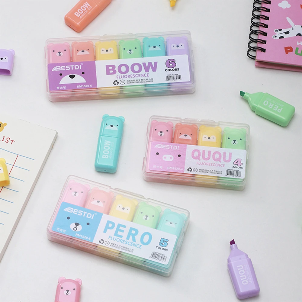 4/5/6Pcs Bear Mini Highlighter Pens Macaron Colors Chisel Tip Scrapbooking Marking Students School Office Supplies