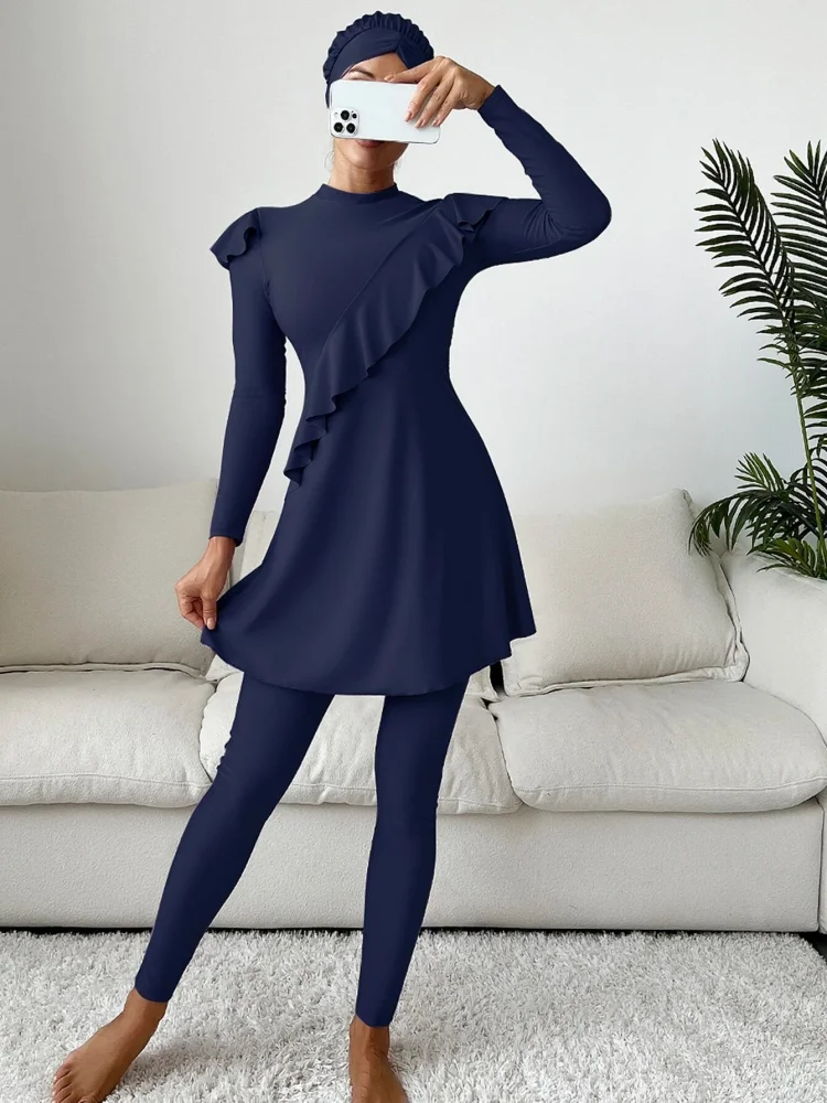 3PCS/Set Burkini Femmes Muslim Swimwear Women Modest Patchwork Hijab Long Sleeve Sport Swimsuit 