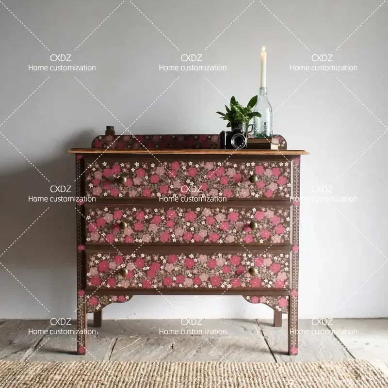 Korean Retro Floral 3 Drawer Wooden Chest Cabinet Multi Scene Storage Locker Customizable Home Decor Furniture