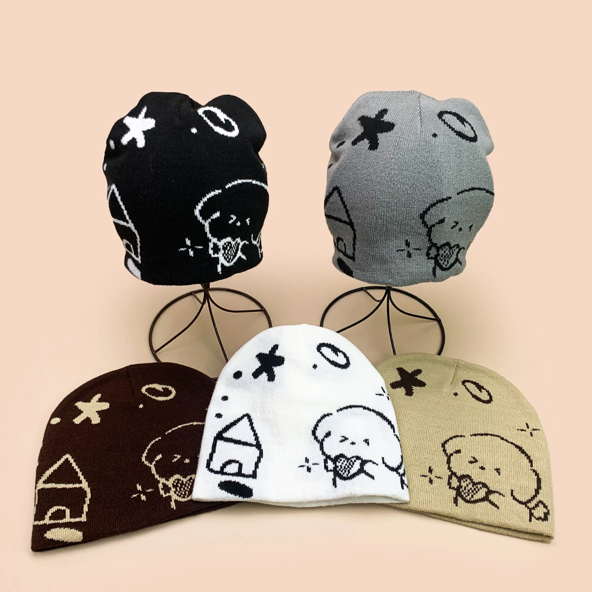 Little Fresh Jacquard Puppy Knitted Hats New Men Women Warm Cute Fashion Color Block Casual Cartoon Versatile Outdoor Beanies
