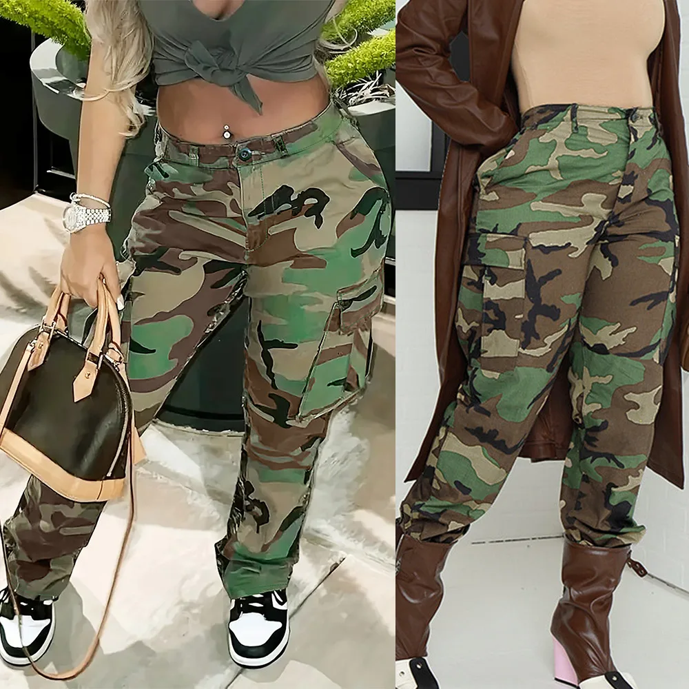 

Cargo Pants for Women Streetwear Spring/Summer 2024 Camouflage Printed Casual High Waisted Straight Leg Trousers for Female