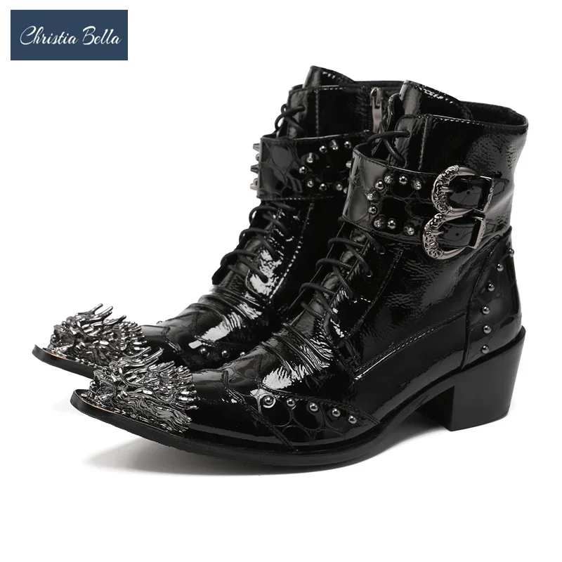 British Metal Pointed Toe Buckle Rivet Lace Up Zipper Short  Boots Business Formal Shoes Man Real Leather Punk Rock Ankle Boot