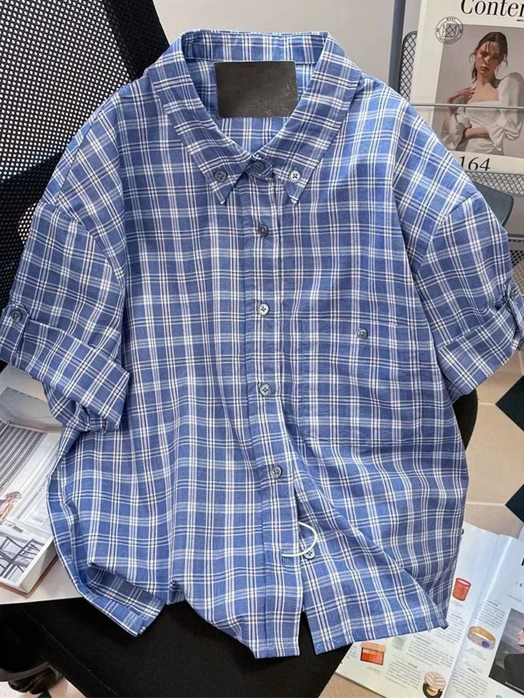 Hoge kwaliteit retro geruite shirt vrouwen losse zomer casual streetwear blouse oversize vintage alle match bf eenvoudige tops nieuw