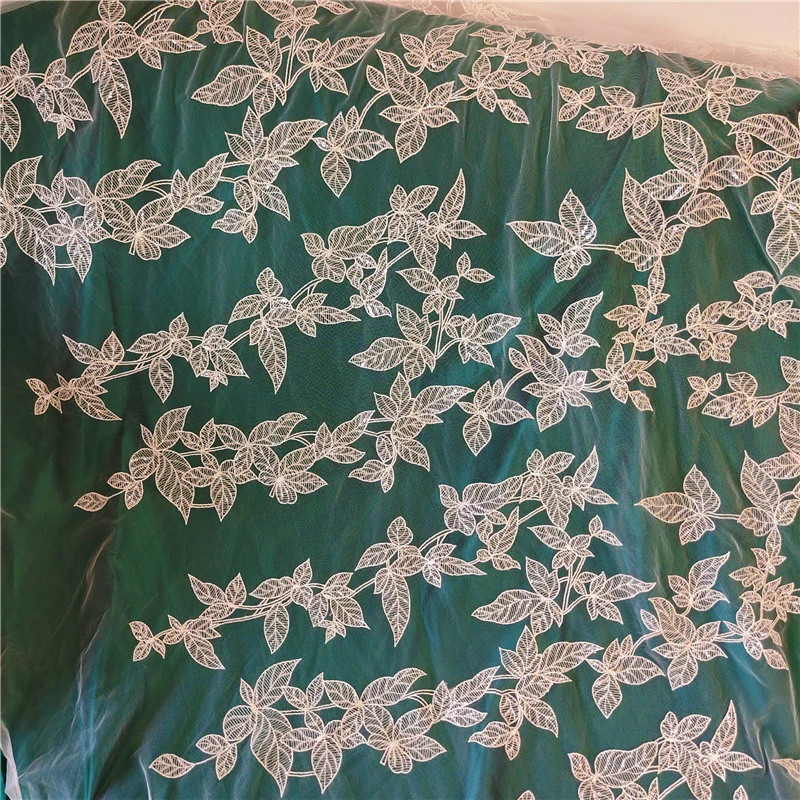 New High-Grade Off-White Mesh Embroidery Lace Fabric Leaves Sequins Curtain Clothing Material Handmade DIY