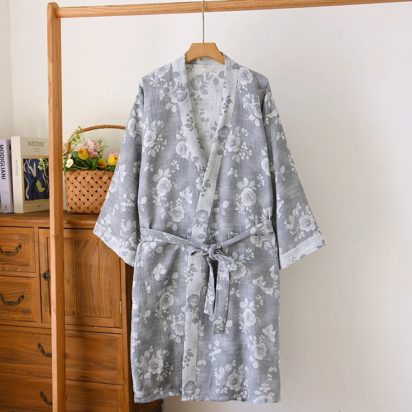 

Yarn-Dyed Cotton Nightgown for Women Spring and Autumn Half Sleeve Kimono Bathrobe with Belt Homewear Clothes