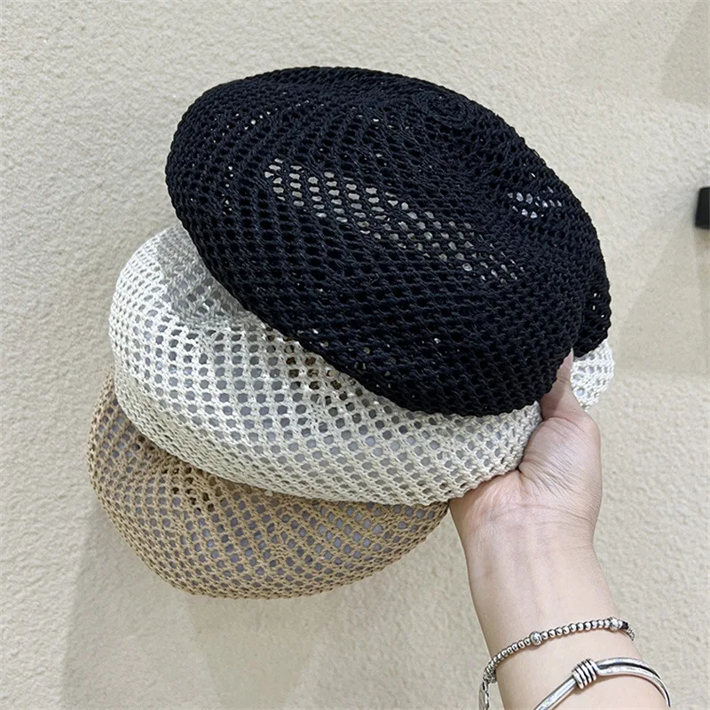 Japanese Knitted Hollow Berets for Women Summer Thin Knitted Painter Caps Ins Simple Korean Version Versatile Pumpkin Beret Hat