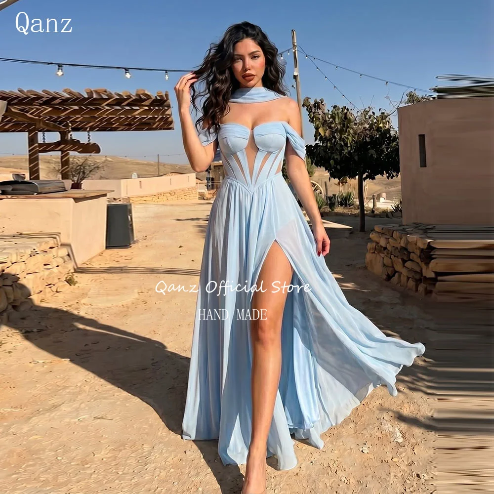 

Qanz Beach Sky Blue Evening Dress Long A Line Chiffon High Slit Wedding Guest Dresses Off The Shoulder Party Gowns Customized