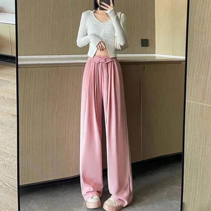 Pantaloni da donna a vita alta primaverili e autunnali appesi di alta qualità larghi dritti casual in seta di ghiaccio a gamba larga estivi sottili