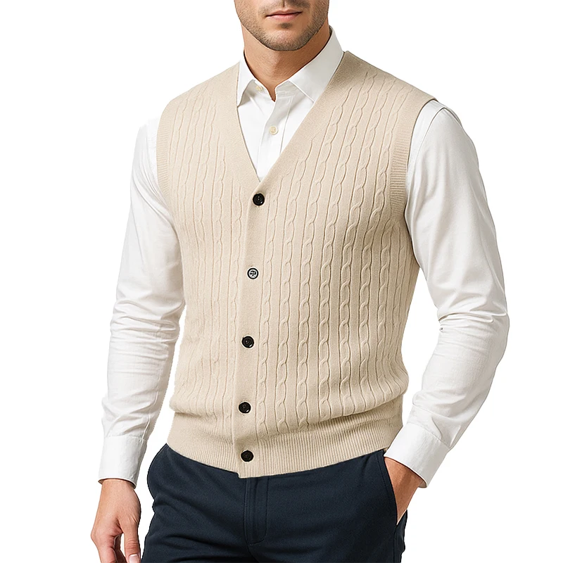 Autumn Men's V Neck Knit Sweater Vest Button Down Sleeveless Cable Cardigan Vest Outdoor Business Lightweight Cardigan Coats