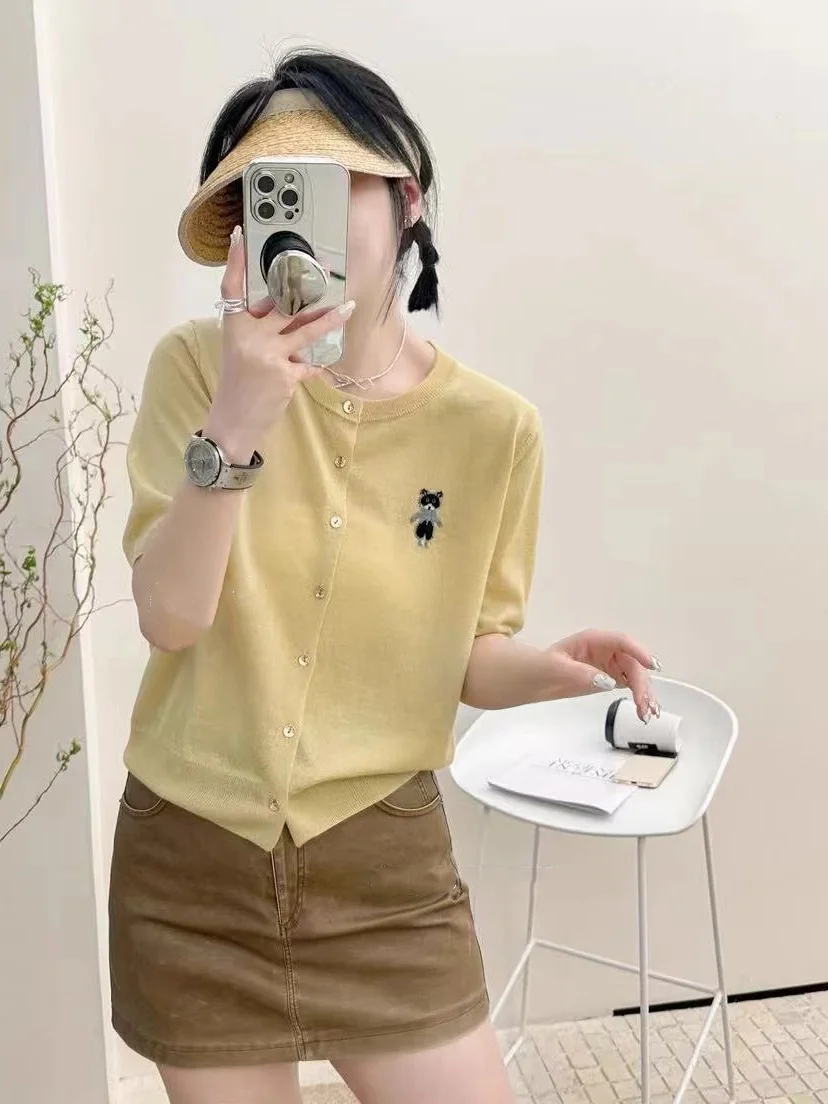 

Корейский легкий летний кардиган из ледяного шелка для женщин, вязаный, с вышивкой, для защиты от солнца