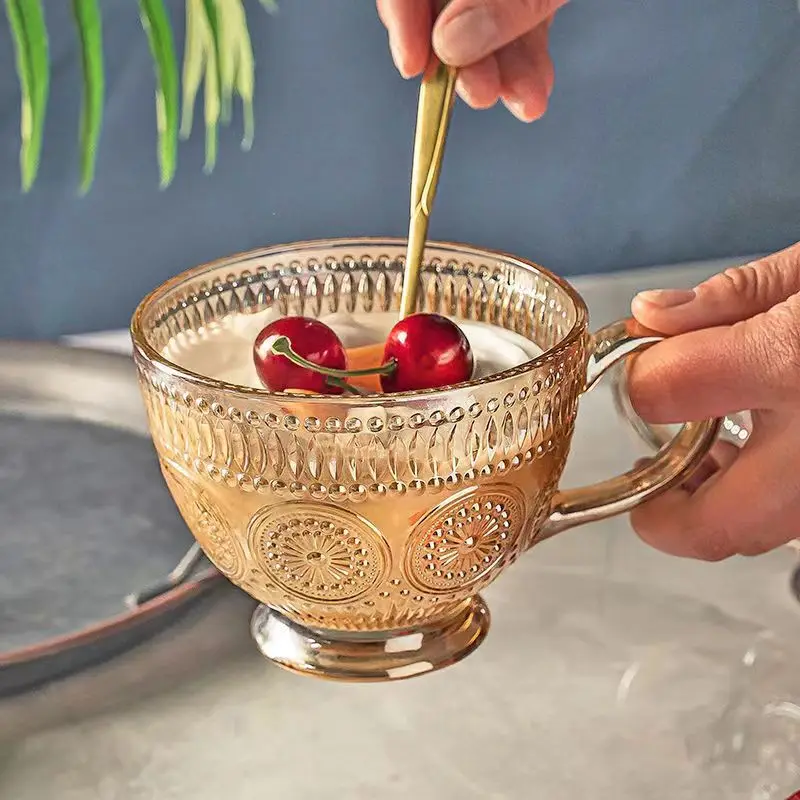

Sunflower Retro Relief Glass Cup with High Aesthetic Value Ins Milk Home Oatmeal Breakfast Dessert Water Cup Home Furnishings