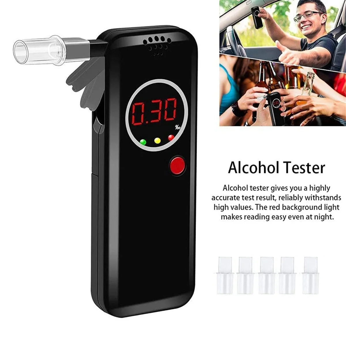 AB52 AD-6000NS Etilometro portatile con 6 bocchini ad alta precisione per uso personale prima di ciascuno Guida Bianco