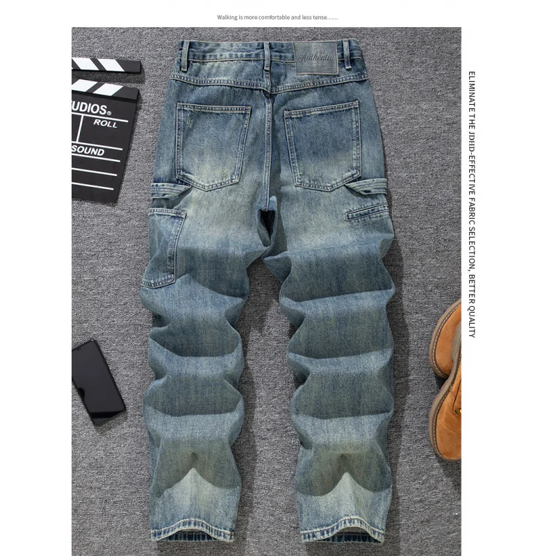 

Workwear design jeans men's Japanese retro fashion youth loose straight tube trendy versatile streetwear casual pants
