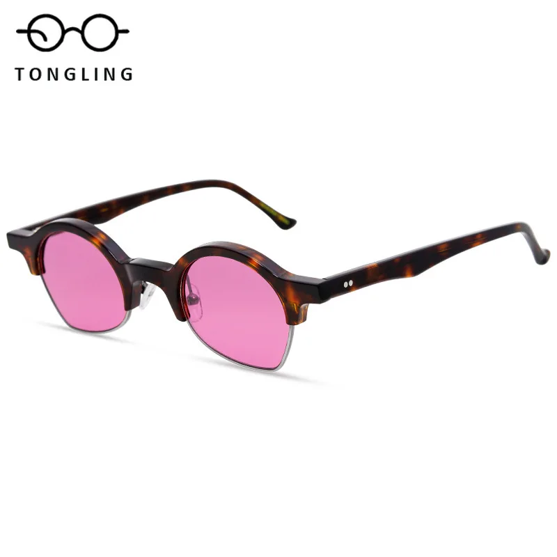Highquality Fashion Women Handmade Acetate Glued Metal Half Frame Retro Men Eyebrow Frame Turtle Shell UVResistant Pink Sunglass