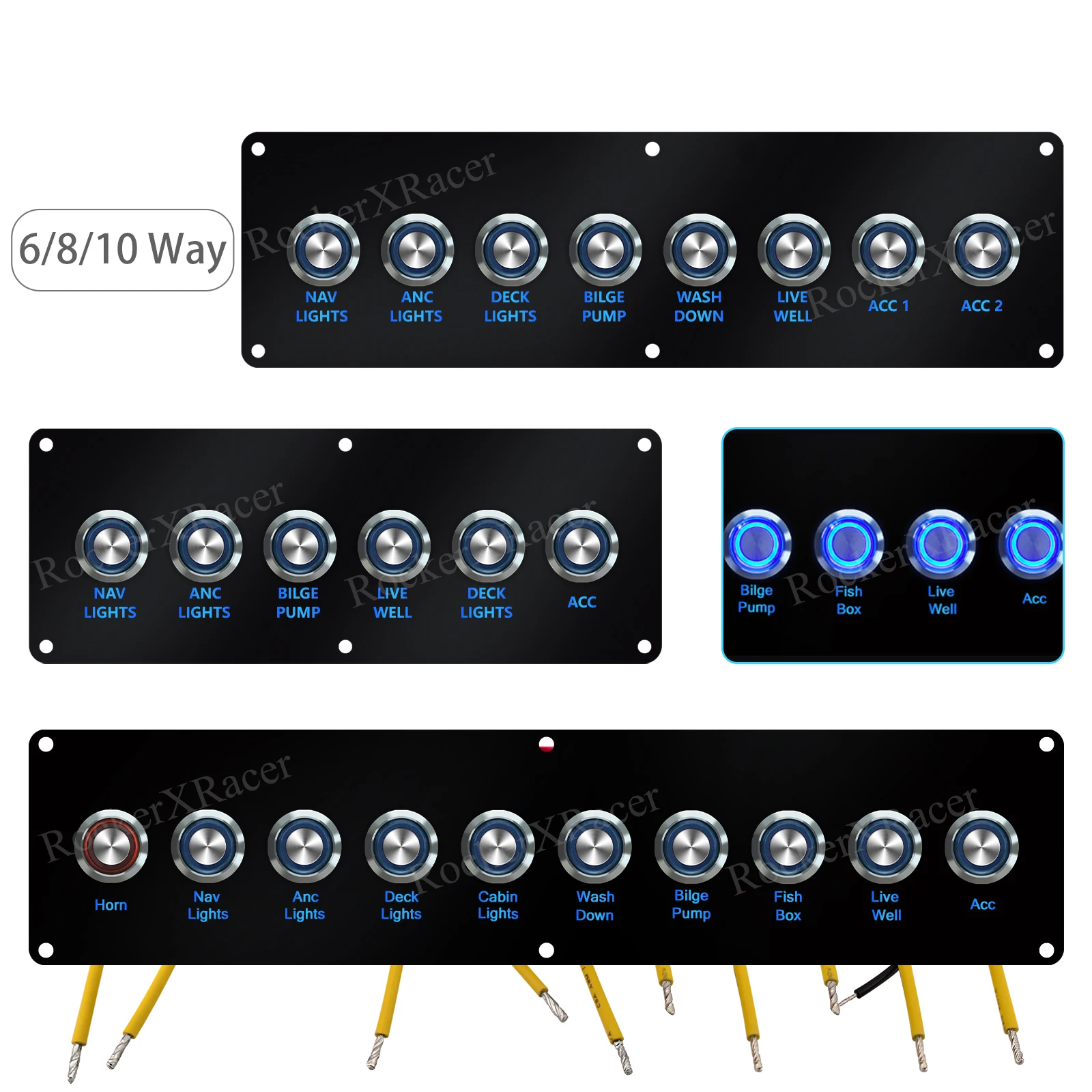 6/8/10 Way Marine Grade Switch Panel Acrylic Boat Control for Nav Anc Lights Bilge Pump ACC Live Well Waterproof Dashboard 12V