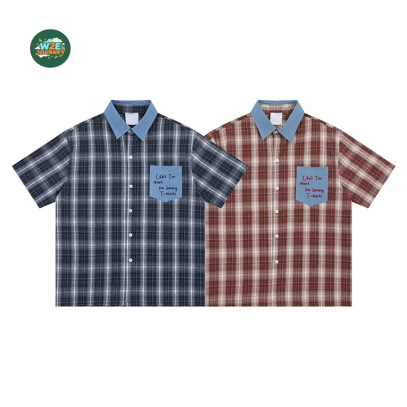 W2EJOURNEY Pakaian Luar Ruangan Kualitas Terbaik Kemeja Lengan Pendek Musim Panas Saku Kotak-kotak Ukuran AS UE Kemeja Retro Longgar Antik Uniseks