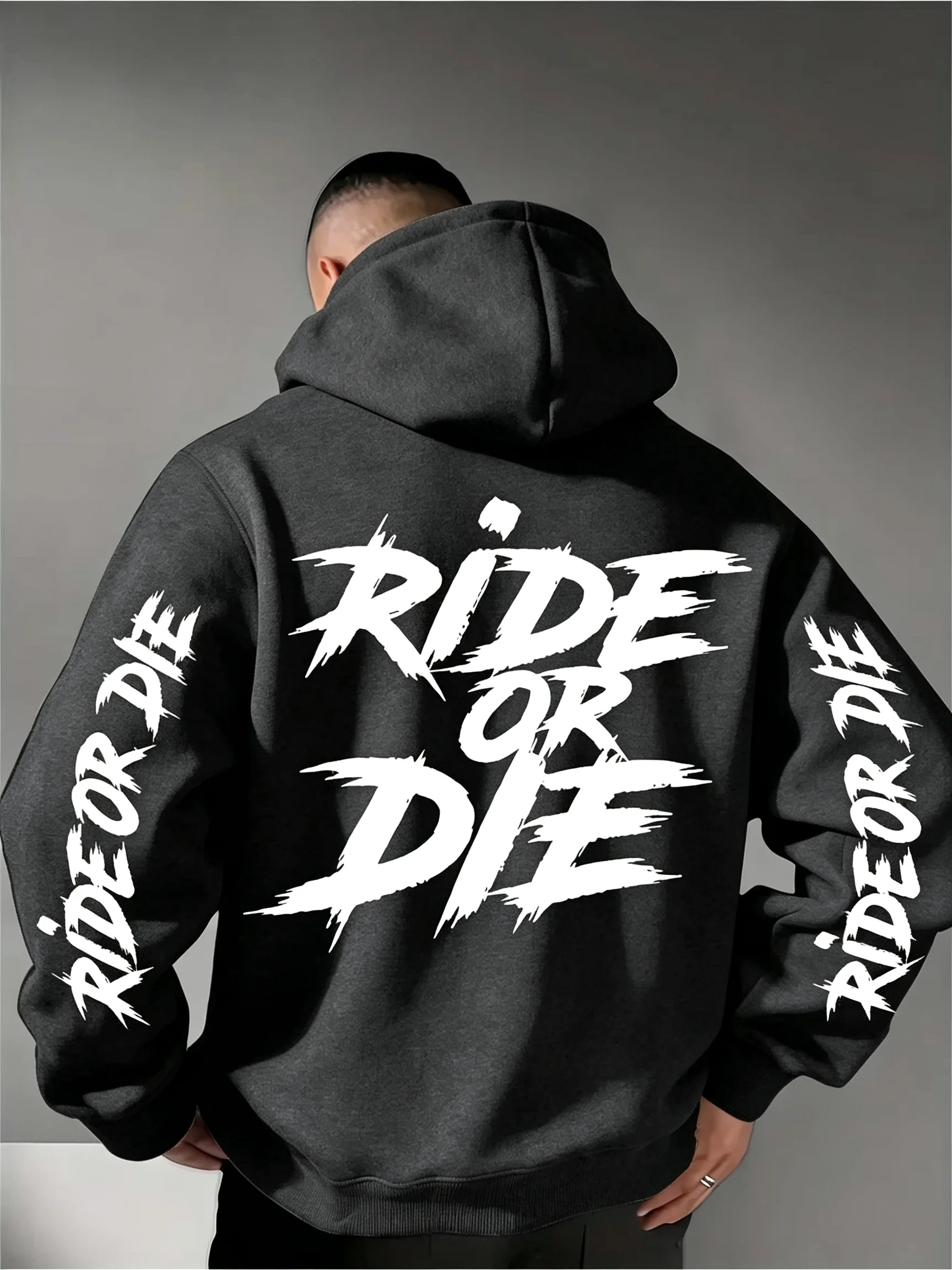 Herren Ride Or Die Hoodie Biker Motorrad Grafik Rücken- und Ärmel-Print Oversized Pullover Sweatshirt Streetwear Herbst Winter – Detail 8