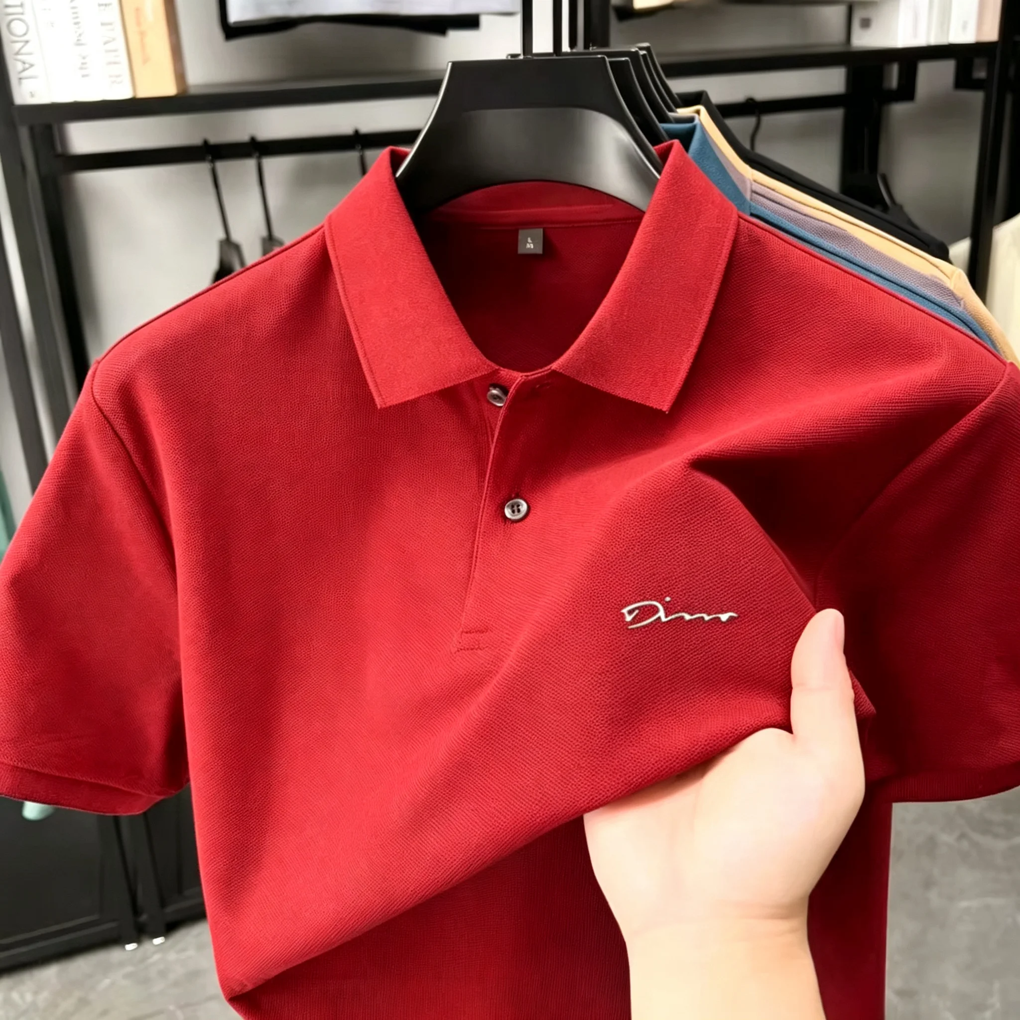 Herren 100% Baumwolle Kurzarm-Poloshirt, Hochwertige Luxusmarke mit Einfacher Buchstaben-Stickerei, Lässiges Atmungsaktives Sommer-T-Shirt – Detail 14