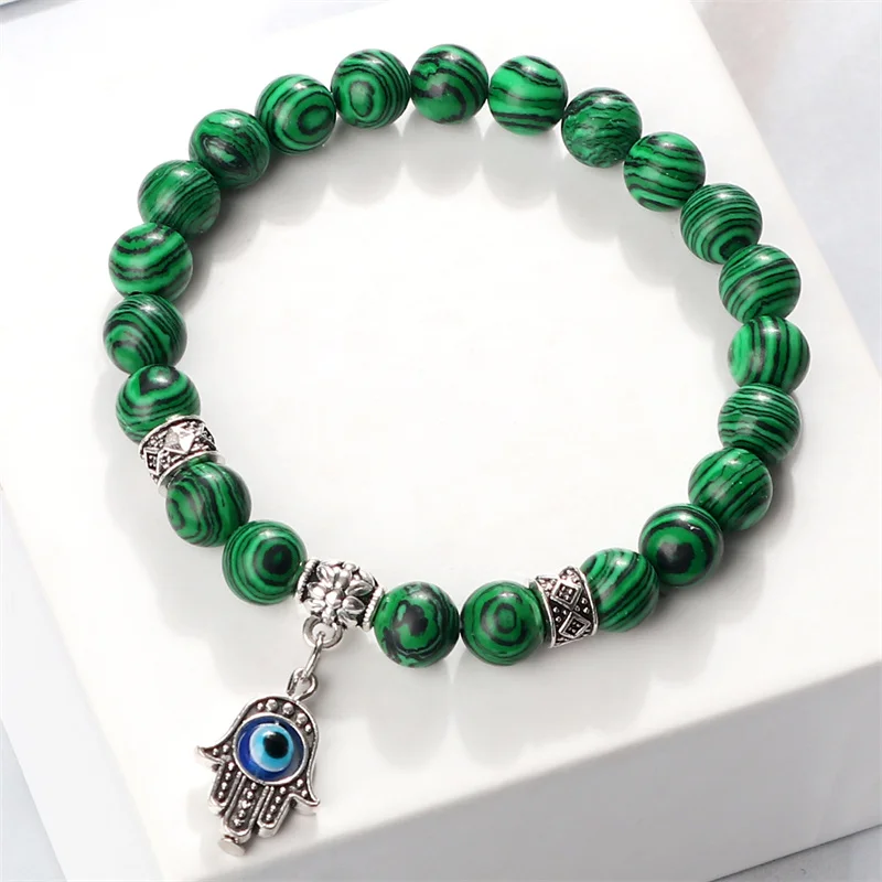 Classic Malachite Beads Bracelet for Women Men 8mm Natural Stone Evil Eye Palm Elephant Turtle Charm Bracelets Yoga Jewelry Gift