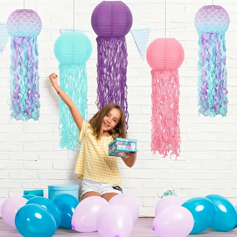 Mermaid Party Decoration, 5 Pieces of Round Jellyfish Paper Lanterns (about 10inch) Suitable for Girls Party Supplies, Ocean Theme Party, Birthday Party Hanging Ceiling Decoration - Detail 1