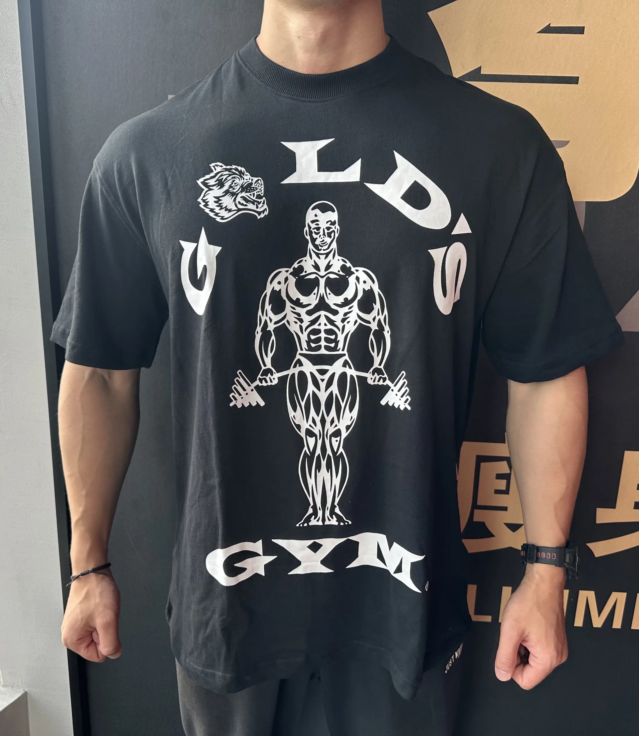 GYM Wolf Head Jim Kurzarm-Fitness-Sport-Oberteil, locker, elastisch, aus Baumwolle, schweißableitend, atmungsaktiv, Sport-Top, europäische Größe