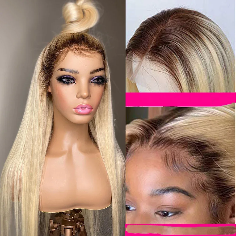 

26Inch Ombre Blonde Straight Hair 180%Density 13*4*1 Lace Front Wigs For Women With Baby Hair Synthetic Fiber Daily Wear Wigs