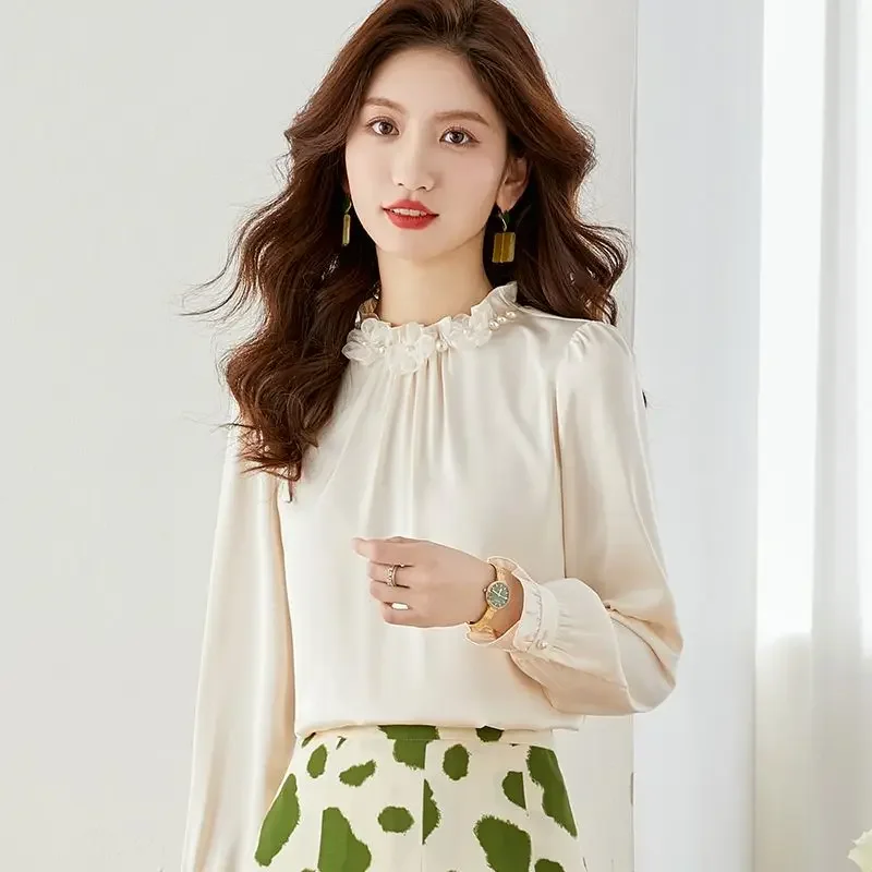 New Temperament Pleated Solid Color Chiffon Half Height Collar Long Sleeve Blouse Women Clothes Elegant Floral Shirts TopsN749