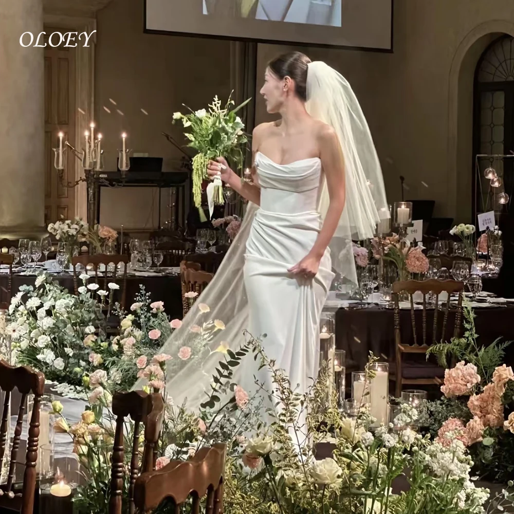 

OLOEY Simple Strapless Korea Wedding Dresses Photos Shoot Customized Mermaid Satin Princess Floor Length Bridal Gowns Customized