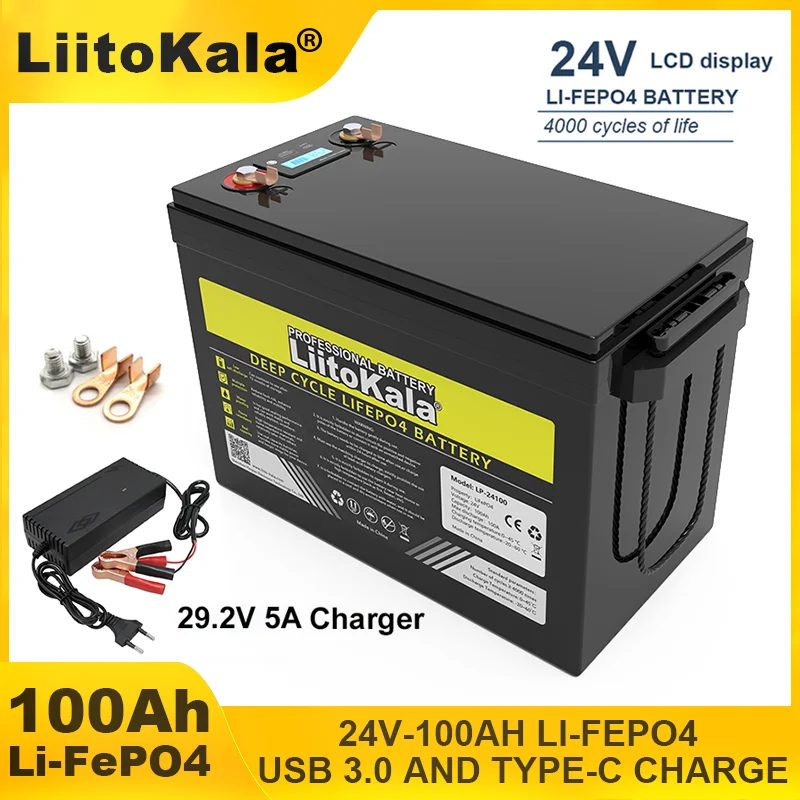 LiitoKala 24V/25.6v 100AH LiFePO4 Lithium Battery USB3.0 Type-C Output for Golf cart Car lighter Batteries 29.2V Energy storage