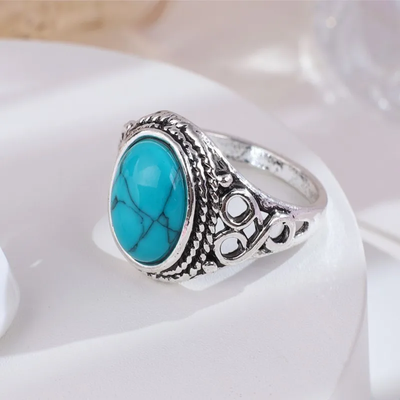 VENTFILLE 925 Sterling Silver Rings for Women Blue Turquoise Stone Bohemia Office Fine Jewelry Party Gift Prevent Allergy