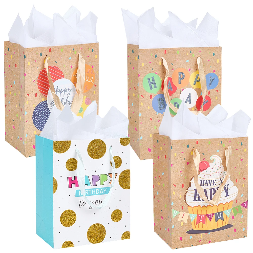 4Pcs 7 x 4 x 9 Inch Happy Birthday Shopping Bags Birthday Gift Bag with Tissue Paper Colorful Balloon Rectangle