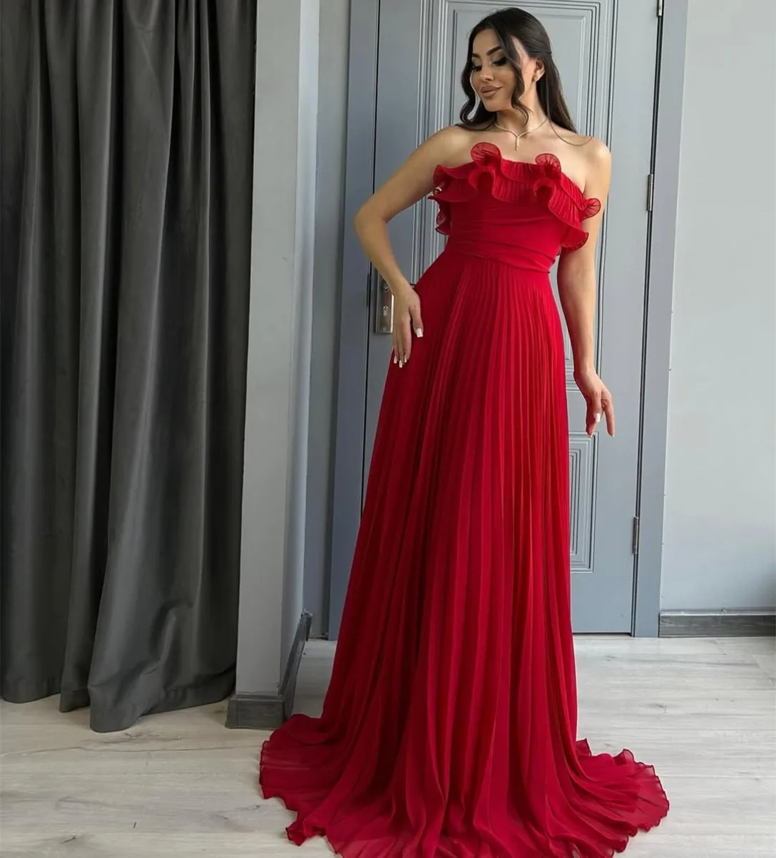 Op maat gemaakte lange chiffon avondjurken met ruches A-lijn geplooid فسات Bravo Mohamedة Watteau trein galajurk voor dames
