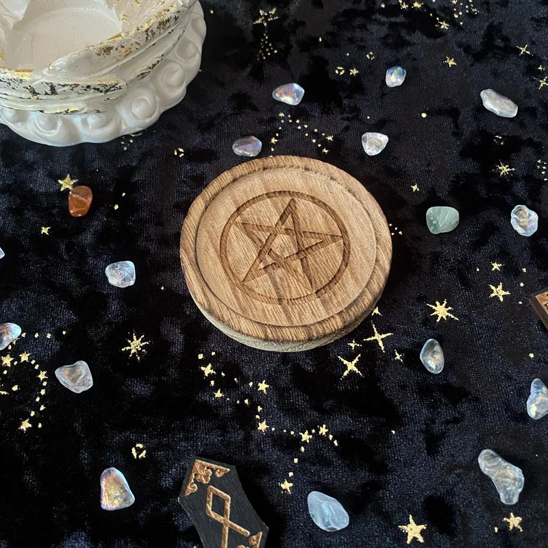 1PC Wooden DIY Candle Holder with Pentagram Single Candle Stand, Disc Ornament, Ritual Accessory
