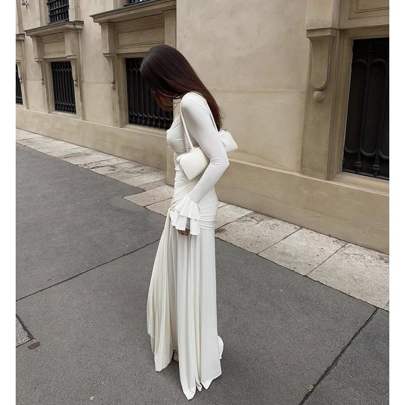 QICHE Women 2026 Autumn European‑Style Pure‑Vibe Lace Mermaid Maxi Dress V‑Neck Flare‑Sleeve Tie‑Waist Bodycon Long Gown