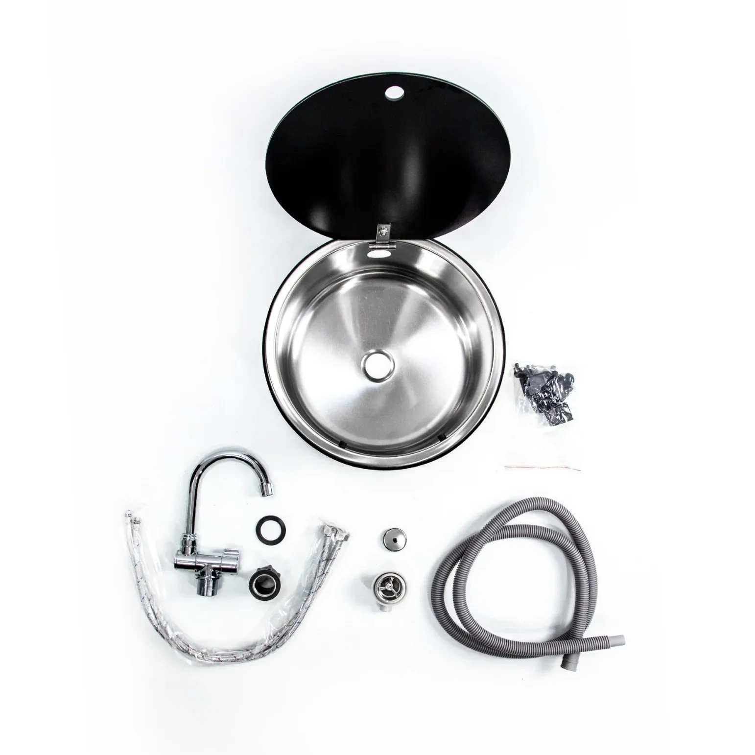 Lavello circolare per camper con coperchio, coperchio ribaltabile pieghevole da cucina, fessura singola, lavello circolare in acciaio inossidabile 304