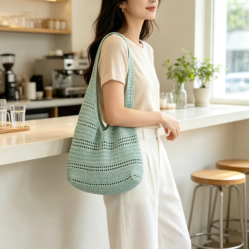 Hohlgestrickte Unterarm-Schultertasche, koreanische Damen-Handtasche, süß, niedlich, schlicht, einfarbig, gewebte Handtasche, lässige Tragetasche für Pendeln und Reisen – Detail 17