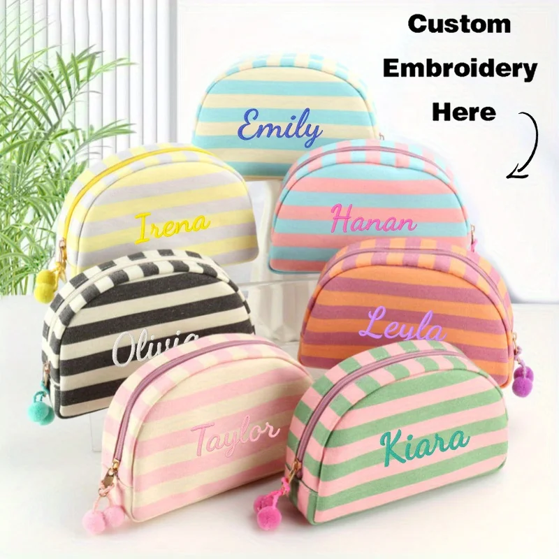 Embroidered Striped Makeup Bag Personalized Name Colorful Pouch Toiletry Organizer Bridesmaid Holiday Prefect for Daily Gifting