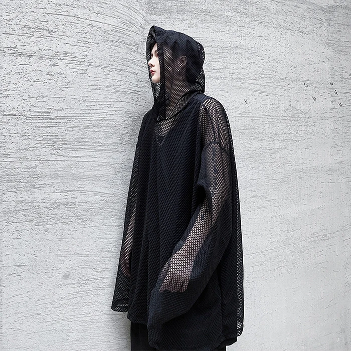

Ins Small Cro Haome See-tough Me Hollow-out Long Sve T-irt Men Women Thin Semi-transparent Fiing Net Top