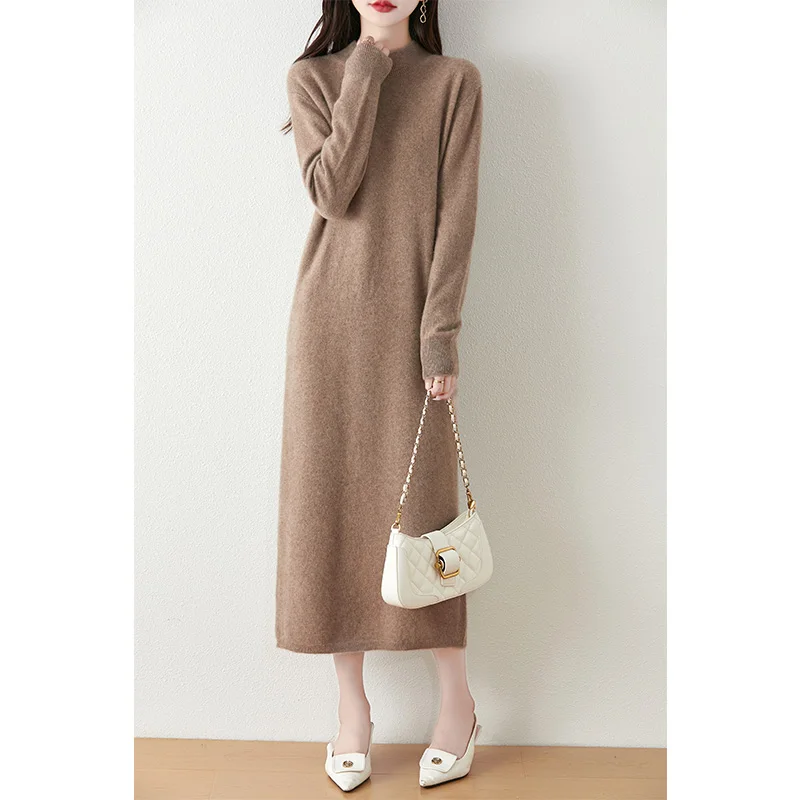 Cashmere sweater women\'s 100% wool high neck women\'s long sweater knitted pullover women\'s long skirt hot selling dress