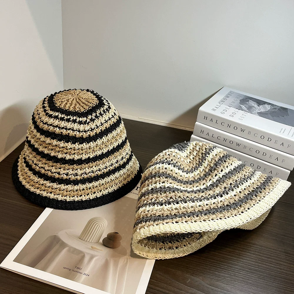 2025 Handmade Stripe Foldable Straw Hat Women's Summer Fashion Youth Beach Travel Sun Hat Lightweight Portable Hat