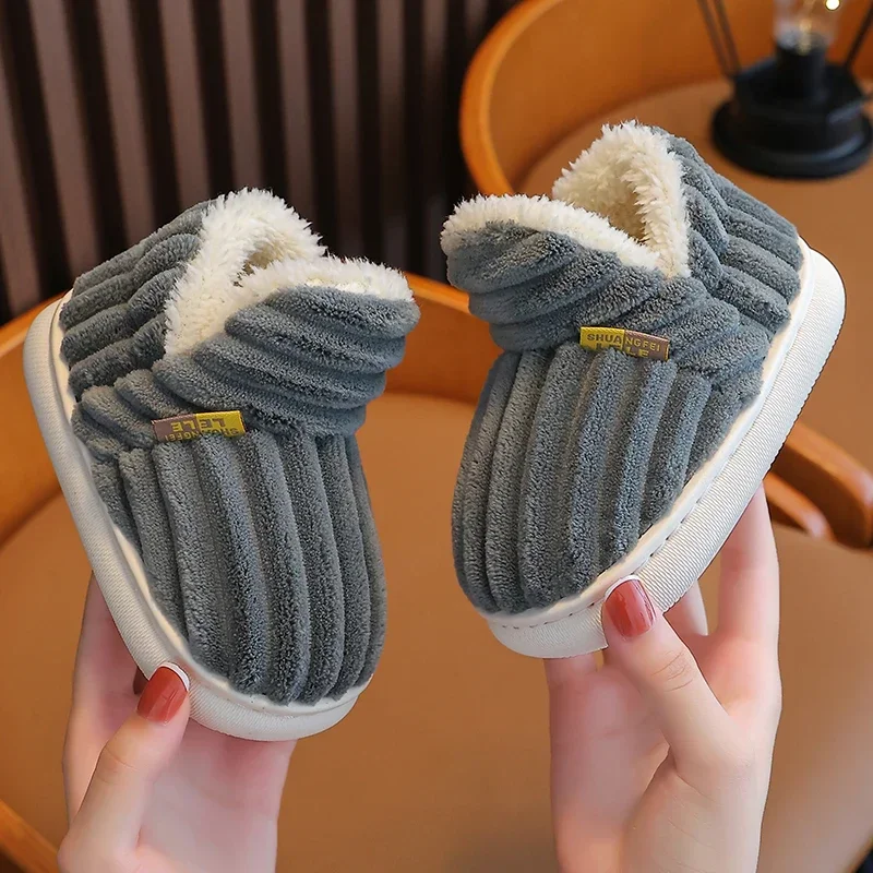 Neue Winter Concise Streifen Plüsch Hausschuhe kinder Nicht-slip Weiche Sohle Kinder Jungen Mädchen Ferse Wrap Warme Hohe hause Baumwolle Schuhe – Detail 6