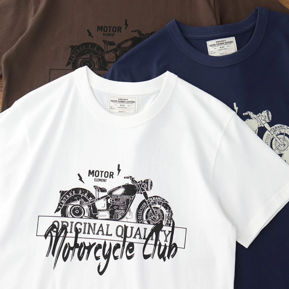 

Summer new motorcycle printed T-shirt men short sleeve May Khaji American retro casual cotton base shirt