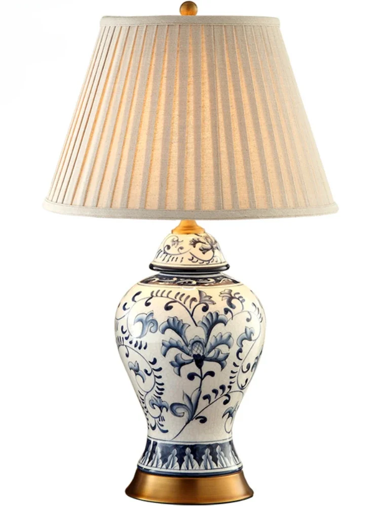 all-copper ice-cracked ceramic American table lamp, blue blue and white porcelain bedside