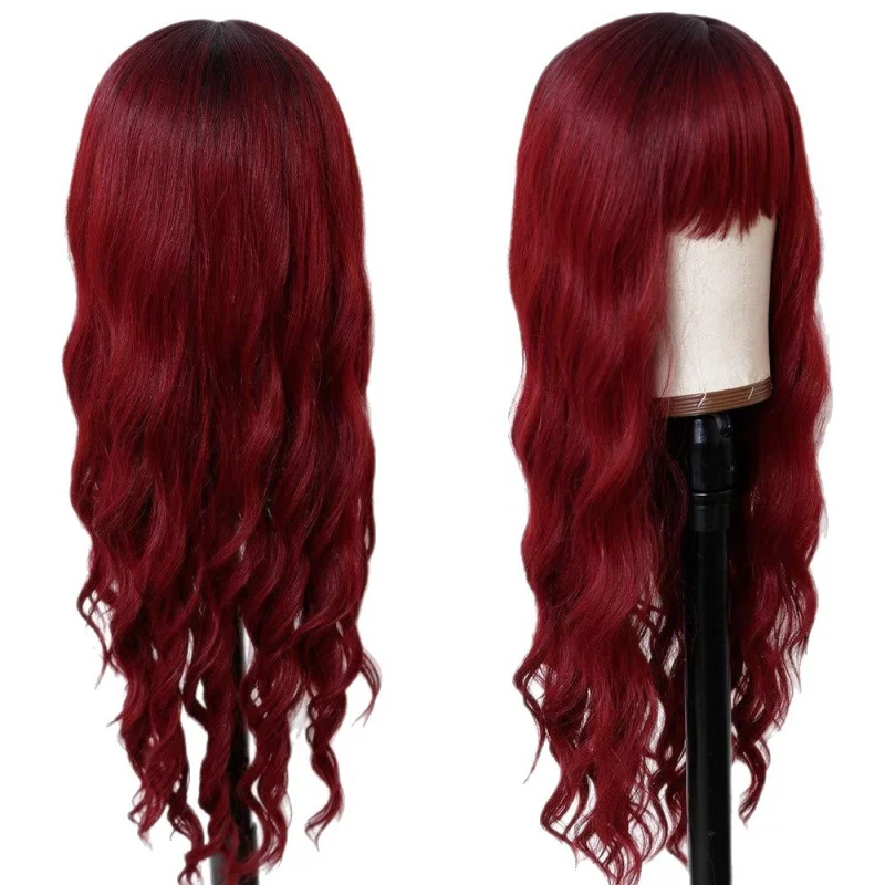Women's pink long curly hair with big waves and air bangs, full head wig - view 4
